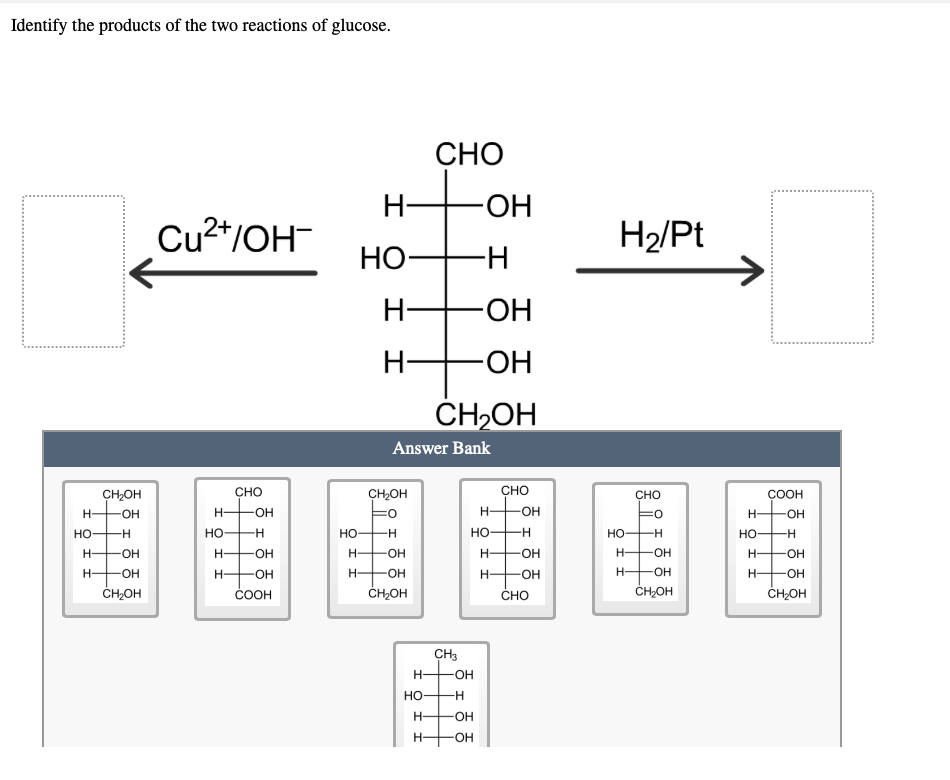 Identify the products of the two reactions of glucose.
СНО
H-
-ОН
Cu2*/OH
H2/Pt
Но-
-H-
H-
HO-
H
HO-
-
CH2OH
Answer Bank
團国国
CH;OH
CHO
CH,OH
сно
CHO
ÇOOH
Eo
H.
HO-
H-
-OH-
H-
H-
HO-
Но
-H
Но
H-
но
-H-
но-
-H-
но
--
но
-H-
H-
-OH
H-
-O-
H-
OH
-H-
H-
-OH
H-
-O-
H-
он
H-
OH
H-
-OH
H-
OH
H-
-OH
-OH-
ČH;OH
СООН
ČHOH
CHO
ČH;OH
ČHOH
CH3
-OH
но
-H-
-O-
H-
O-
