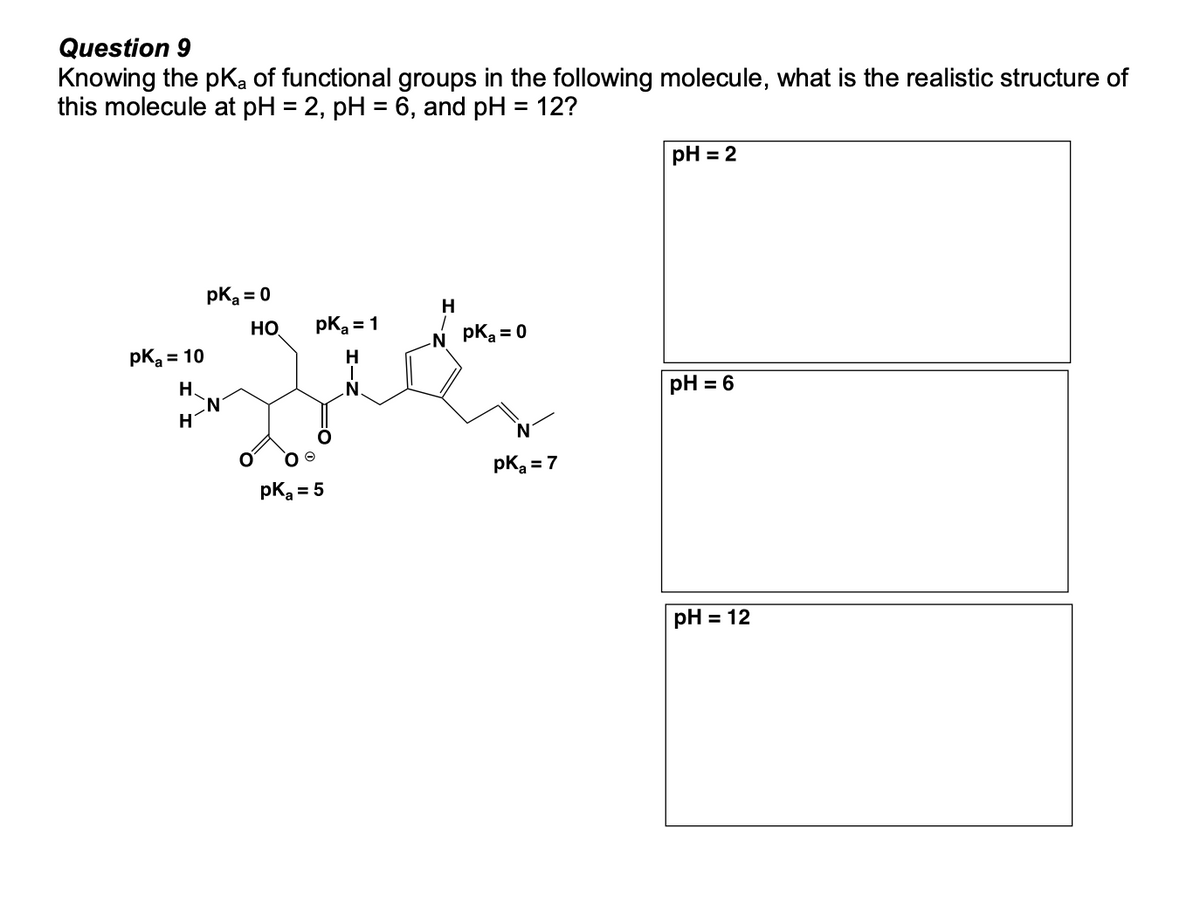 Question 9
Knowing the pKa of functional groups in the following molecule, what is the realistic structure of
this molecule at pH = 2, pH = 6, and pH = 12?
pK₂ = 10
H.
H
pK₂ = 0
HO
CN
pK₂ = 1
pK₂ = 5
H
N PK₂=0
pK₂ = 7
pH = 2
pH = 6
pH = 12