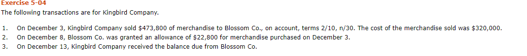 Exercise 5-04
The following transactions are for Kingbird Company.
On December 3, Kingbird Company sold $473,800 of merchandise to Blossom Co., on account, terms 2/10, n/30. The cost of the merchandise sold was $320,000.
On December 8, Blossom Co. was granted an allowance of $22,800 for merchandise purchased on December 3.
On December 13, Kingbird Company received the balance due from Blossom Co.
1.
2.
3.
