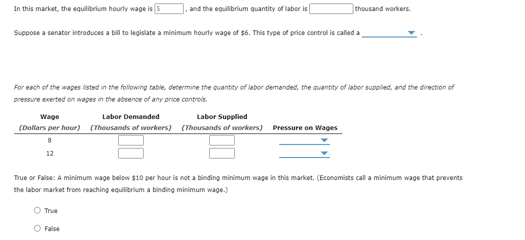 In this market, the equilibrium hourly wage is $
|, and the equilibrium quantity of labor is
thousand workers.
Suppose a senator introduces a bill to legislate a minimum hourly wage of $6. This type of price control is called a
For each of the wages listed in the following table, determine the quantity of labor demanded, the quantity of labor supplied, and the direction of
pressure exerted on wages in the absence of any price controls.
Wage
Labor Demanded
Labor Supplied
(Dollars per hour)
(Thousands of workers)
(Thousands of workers)
Pressure on Wages
8
12
True or False: A minimum wage below $10 per hour is not a binding minimum wage in this market. (Economists call a minimum wage that prevents
the labor market from reaching equilibrium a binding minimum wage.)
O True
O False
