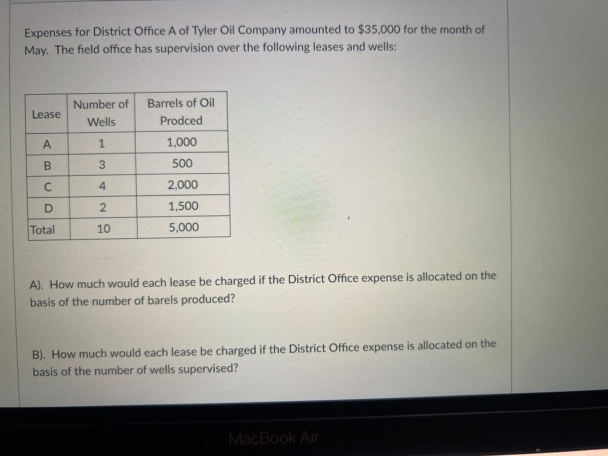 Expenses for District Office A of Tyler Oil Company amounted to $35,000 for the month of
May. The field office has supervision over the following leases and wells:
Lease
Number of Barrels of Oil
Wells
Prodced
ABC
1
1,000
3
500
4
2,000
D
2
1,500
Total
10
5,000
A). How much would each lease be charged if the District Office expense is allocated on the
basis of the number of barels produced?
B). How much would each lease be charged if the District Office expense is allocated on the
basis of the number of wells supervised?
MacBook Air