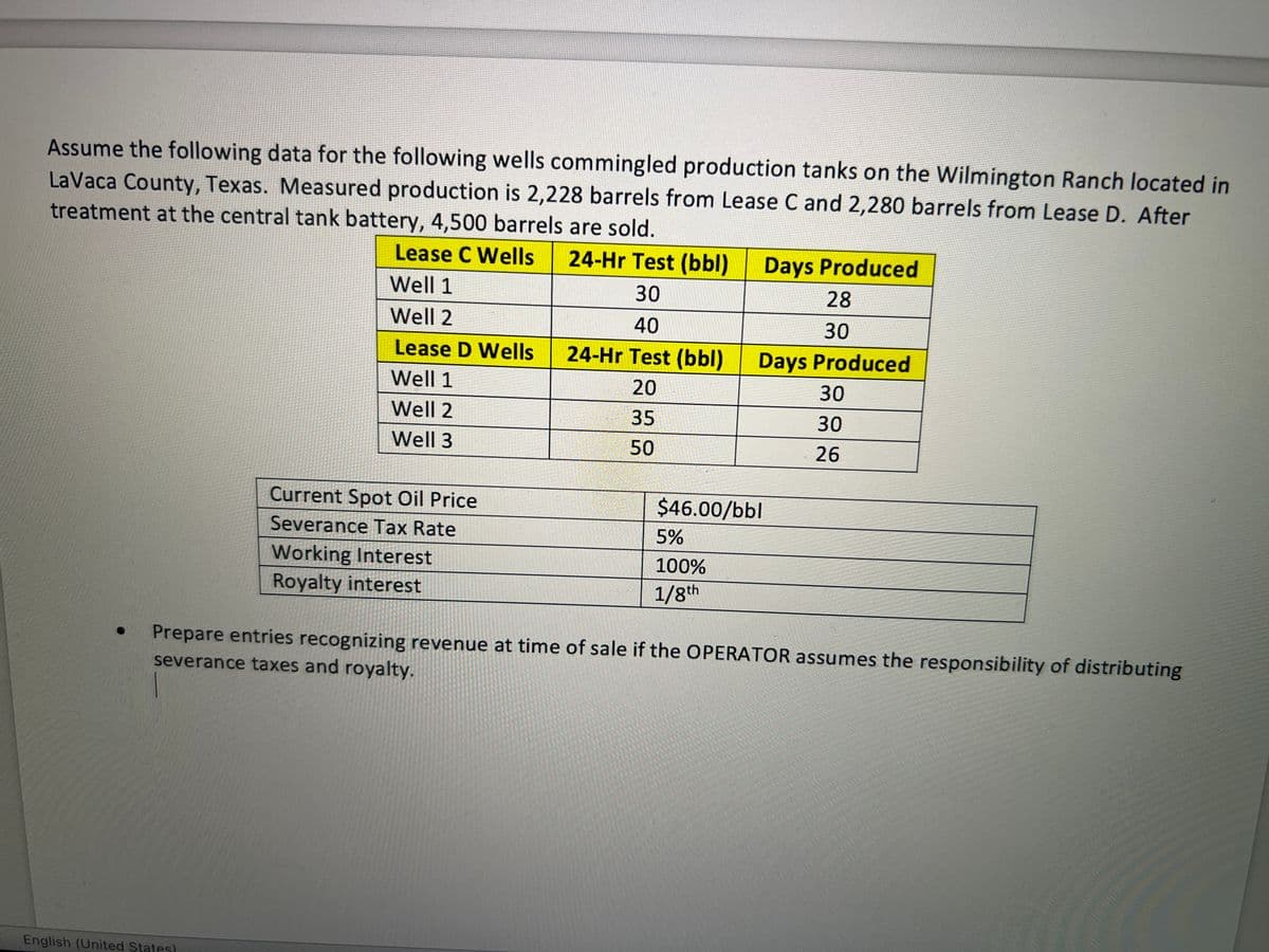 Assume the following data for the following wells commingled production tanks on the Wilmington Ranch located in
LaVaca County, Texas. Measured production is 2,228 barrels from Lease C and 2,280 barrels from Lease D. After
treatment at the central tank battery, 4,500 barrels are sold.
Lease C Wells
Well 1
24-Hr Test (bbl)
30
Days Produced
28
Well 2
40
30
Lease D Wells
24-Hr Test (bbl)
Days Produced
Well 1
20
30
Well 2
35
30
Well 3
50
26
Current Spot Oil Price
Severance Tax Rate
$46.00/bbl
5%
Working Interest
Royalty interest
100%
1/8th
Prepare entries recognizing revenue at time of sale if the OPERATOR assumes the responsibility of distributing
severance taxes and royalty.
English (United States)