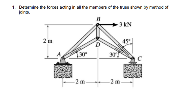 1. Determine the forces acting in all the members of the truss shown by method of
joints.
В
3 kN
2 m
45°
D
30°
30°
C
2 m
-2 m
