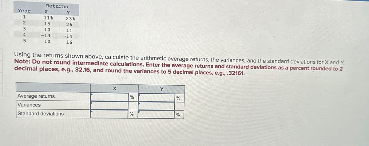 Year
12345
Returns
X
11%
15
10
-13
10
Y
23%
26
11
-14
16
Using the returns shown above, calculate the arithmetic average returns, the variances, and the standard deviations for X and Y.
Note: Do not round intermediate calculations. Enter the average returns and standard deviations as a percent rounded to 2
decimal places, e.g., 32.16, and round the variances to 5 decimal places, e.g., .32161.
Average returns
Variances
Standard deviations
X
%
%
Y
%
%
