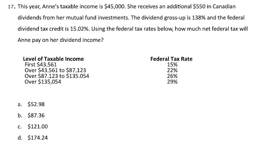 17. This year, Anne's taxable income is $45,000. She receives an additional $550 in Canadian
dividends from her mutual fund investments. The dividend gross-up is 138% and the federal
dividend tax credit is 15.02%. Using the federal tax rates below, how much net federal tax will
Anne pay on her dividend income?
Level of Taxable Income
First $43.561
Over $43.561 to $87.123
Over $87.123 to $135.054
Over $135,054
a. $52.98
b. $87.36
c. $121.00
d. $174.24
Federal Tax Rate
15%
22%
26%
29%