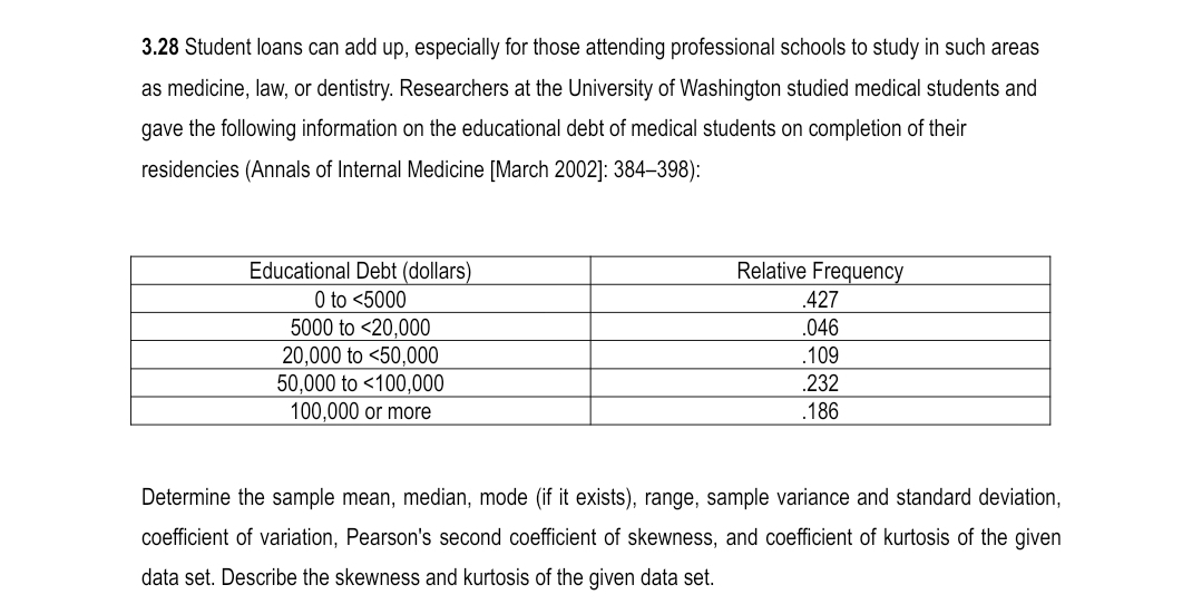 3.28 Student loans can add up, especially for those attending professional schools to study in such areas
as medicine, law, or dentistry. Researchers at the University of Washington studied medical students and
gave the following information on the educational debt of medical students on completion of their
residencies (Annals of Internal Medicine [March 2002]: 384–398):
Educational Debt (dollars)
0 to <5000
Relative Frequency
.427
5000 to <20,000
20,000 to <50,000
50,000 to <100,000
100,000 or more
.046
.109
.232
.186
Determine the sample mean, median, mode (if it exists), range, sample variance and standard deviation,
coefficient of variation, Pearson's second coefficient of skewness, and coefficient of kurtosis of the given
data set. Describe the skewness and kurtosis of the given data set.
