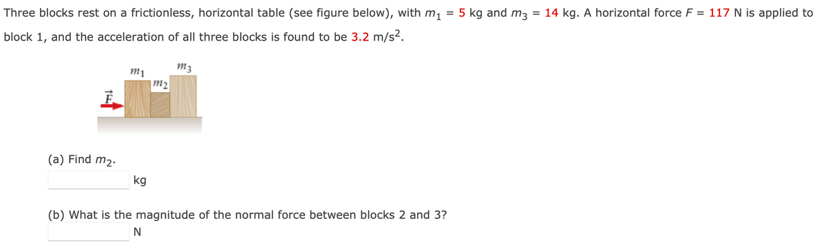 Three blocks rest on a frictionless, horizontal table (see figure below), with m₁
block 1, and the acceleration of all three blocks is found to be 3.2 m/s².
(a) Find m₂.
m1
kg
m₂
m3
=
5 kg and m3 = 14 kg. A horizontal force F = 117 N is applied to
(b) What is the magnitude of the normal force between blocks 2 and 3?
N