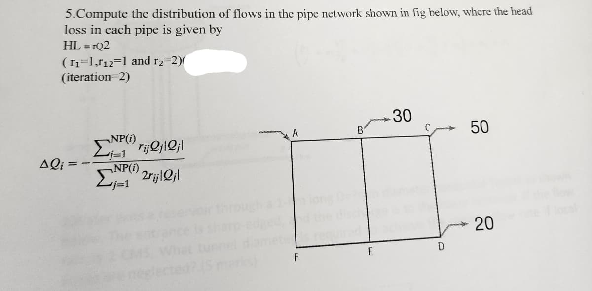 5.Compute the distribution of flows in the pipe network shown in fig below, where the head
loss in each pipe is given by
HL=rQ2
(r₁=1,112=1 and r₂=2)(
(iteration=2)
Ali =
NP(i)
rijQjlQjl
2rijlQjl
NP(i)
j=1
A
F
E
30
D
590
20