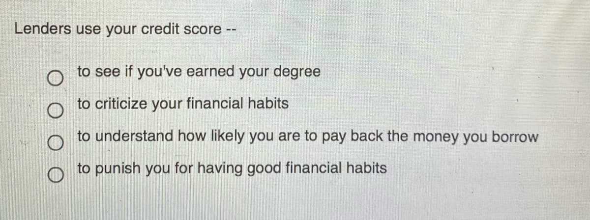 Lenders use your credit score --
to see if you've earned your degree
to criticize your financial habits
to understand how likely you are to pay back the money you borrow
to punish you for having good financial habits
