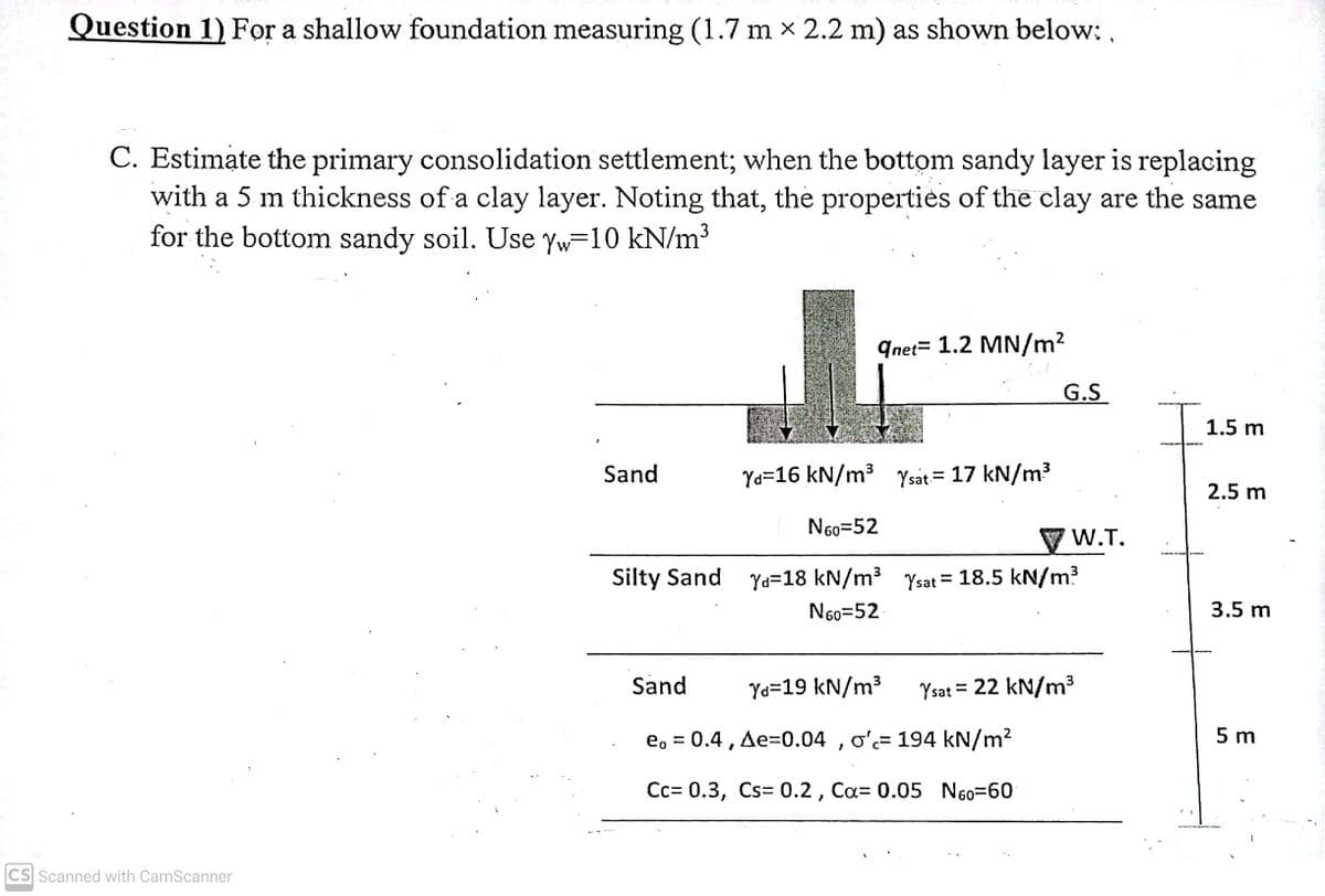 Question 1) For a shallow foundation measuring (1.7 m x 2.2 m) as shown below: ,
C. Estimate the primary consolidation settlement; when the bottom sandy layer is replacing
with a 5 m thickness of a clay layer. Noting that, the propertiės of the clay are the same
for the bottom sandy soil. Use yw=10 kN/m³
qnet= 1.2 MN/m2
G.S
1.5 m
Sand
Ya=16 kN/m³ Ysat= 17 kN/m3
%3D
2.5 m
N60=52
V W.T.
Silty Sand Yd=18 kN/m³ Ysat = 18.5 kN/m?
N60=52
3.5 m
Sand
Ya=19 kN/m3
Ysat = 22 kN/m³
e, = 0.4, Ae=0.04 , o'= 194 kN/m2
5 m
Cc= 0.3, Cs= 0.2 , Ca= 0.05 N60=60
CS Scanned with CamScanner
