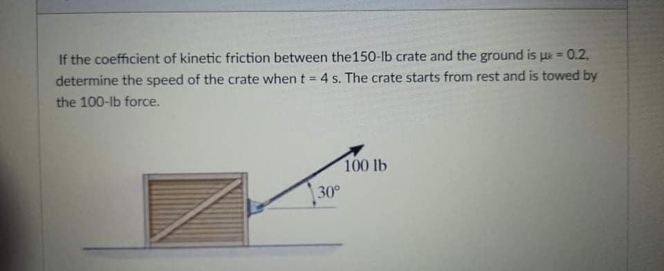 If the coefficient of kinetic friction between the150-lb crate and the ground is uk = 0.2,
%3D
determine the speed of the crate when t = 4 s. The crate starts from rest and is towed by
%3D
the 100-lb force.
100 lb
30°
