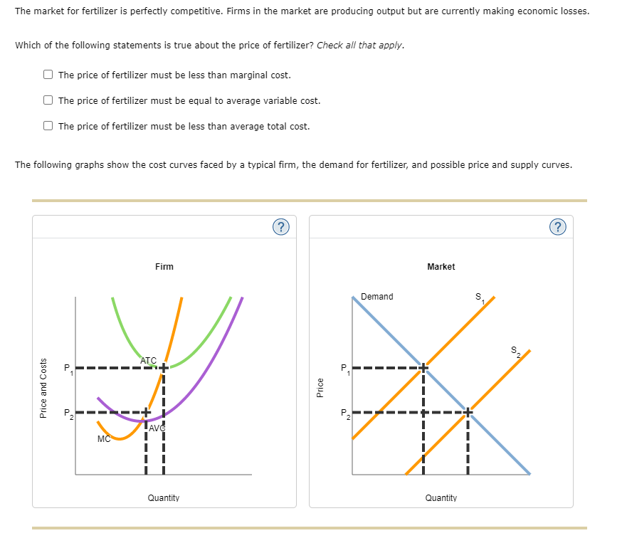 The market for fertilizer is perfectly competitive. Firms in the market are producing output but are currently making economic losses.
Which of the following statements is true about the price of fertilizer? Check all that apply.
The price of fertilizer must be less than marginal cost.
The price of fertilizer must be equal to average variable cost.
The price of fertilizer must be less than average total cost.
The following graphs show the cost curves faced
a typical firm, the demand for fertilizer, and possible price and supply curves.
(?
(?
Firm
Market
Demand
ATC
TAVO
MC
Quantity
Quantity
Price and Costs
P.
Price
