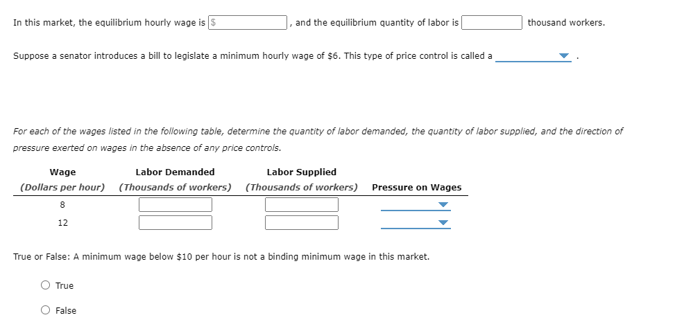 In this market, the equilibrium hourly wage is $
and the equilibrium quantity of labor is
thousand workers.
Suppose a senator introduces a bill to legislate a minimum hourly wage of $6. This type of price control is called a
For each of the wages listed in the following table, determine the quantity of labor demanded, the quantity of labor supplied, and the direction of
pressure exerted on wages in the absence of any price controls.
Wage
Labor Demanded
Labor Supplied
(Dollars per hour)
(Thousands of workers)
(Thousands of workers)
Pressure on Wages
8
12
True or False: A minimum wage below $10 per hour is not a binding minimum wage in this market.
O True
O False
