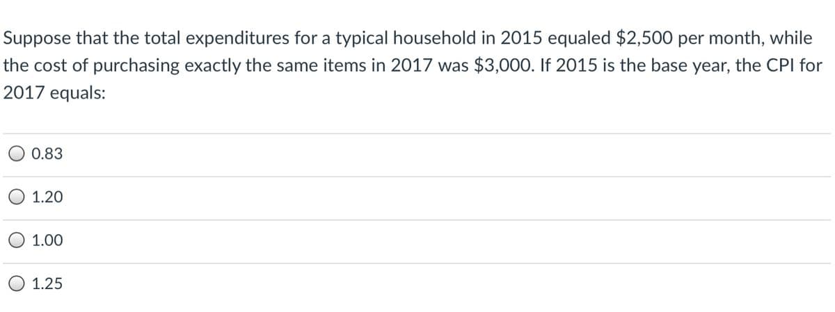 Suppose that the total expenditures for a typical household in 2015 equaled $2,500 per month, while
the cost of purchasing exactly the same items in 2017 was $3,000. If 2015 is the base year, the CPI for
2017 equals:
O 0.83
1.20
1.00
1.25
