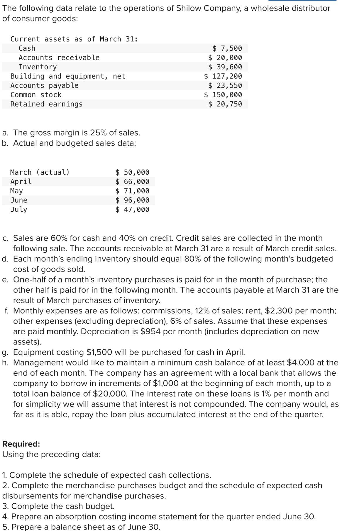 The following data relate to the operations of Shilow Company, a wholesale distributor
of consumer goods:
Current assets as of March 31:
$ 7,500
$ 20,000
$ 39,600
$ 127,200
$ 23,550
$ 150,000
$ 20,750
Cash
Accounts receivable
Inventory
Building and equipment, net
Accounts payable
Common stock
Retained earnings
a. The gross margin is 25% of sales.
b. Actual and budgeted sales data:
$ 50,000
$ 66,000
$ 71,000
$ 96,000
$ 47,000
March (actual)
April
May
June
July
c. Sales are 60% for cash and 40% on credit. Credit sales are collected in the month
following sale. The accounts receivable at March 31 are a result of March credit sales.
d. Each month's ending inventory should equal 80% of the following month's budgeted
cost of goods sold.
e. One-half of a month's inventory purchases is paid for in the month of purchase; the
other half is paid for in the following month. The accounts payable at March 31 are the
result of March purchases of inventory.
f. Monthly expenses are as follows: commissions, 12% of sales; rent, $2,300 per month;
other expenses (excluding depreciation), 6% of sales. Assume that these expenses
are paid monthly. Depreciation is $954 per month (includes depreciation on new
assets).
g. Equipment costing $1,500 will be purchased for cash in April.
h. Management would like to maintain a minimum cash balance of at least $4,000 at the
end of each month. The company has an agreement with a local bank that allows the
company to borrow in increments of $1,000 at the beginning of each month, up to a
total loan balance of $20,000. The interest rate on these loans is 1% per month and
for simplicity we will assume that interest is not compounded. The company would, as
far as it is able, repay the loan plus accumulated interest at the end of the quarter.
Required:
Using the preceding data:
1. Complete the schedule of expected cash collections.
2. Complete the merchandise purchases budget and the schedule of expected cash
disbursements for merchandise purchases.
3. Complete the cash budget.
4. Prepare an absorption costing income statement for the quarter ended June 30.
5. Prepare a balance sheet as of June 30.
