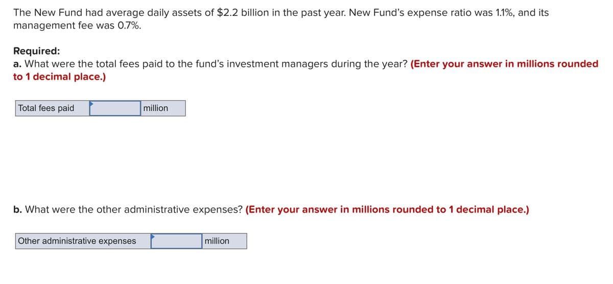 The New Fund had average daily assets of $2.2 billion in the past year. New Fund's expense ratio was 1.1%, and its
management fee was 0.7%.
Required:
a. What were the total fees paid to the fund's investment managers during the year? (Enter your answer in millions rounded
to 1 decimal place.)
Total fees paid
million
b. What were the other administrative expenses? (Enter your answer in millions rounded to 1 decimal place.)
Other administrative expenses
million