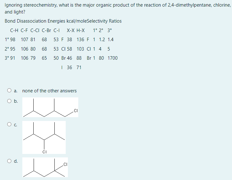 Ignoring stereochemistry, what is the major organic product of the reaction of 2,4-dimethylpentane, chlorine,
and light?
Bond Disassociation Energies kcal/moleSelectivity Ratios
C-H C-F C-CI C-Br C-I
X-X H-X
1° 2° 3°
1° 98 107 81
68 53 F 38 136 F 1 1.2 1.4
2° 95 106 80 68
53 CI 58 103 CI 1 4
5
3° 91 106 79
65
50 Br 46 88 Br 1 80 1700
| 36 71
а.
none of the other answers
O b.
.CI
Oc.
o d.
.CI
