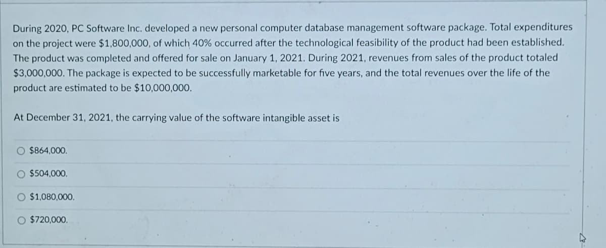 During 2020, PC Software Inc. developed a new personal computer database management software package. Total expenditures
on the project were $1,800,00O, of which 40% occurred after the technological feasibility of the product had been established.
The product was completed and offered for sale on January 1, 2021. During 2021, revenues from sales of the product totaled
$3,000,000. The package is expected to be successfully marketable for five years, and the total revenues over the life of the
product are estimated to be $10,000,000.
At December 31, 2021, the carrying value of the software intangible asset is
$864,000.
O $504,000.
O $1,080,000.
O $720,000.
