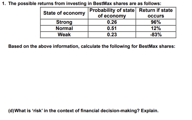 1. The possible returns from investing
State of economy
Strong
Normal
Weak
in BestMax shares are as follows:
Probability of state Return if state
of economy
occurs
0.26
96%
0.51
12%
0.23
-83%
Based on the above information, calculate the following for BestMax shares:
(d) What is 'risk' in the context of financial decision-making? Explain.