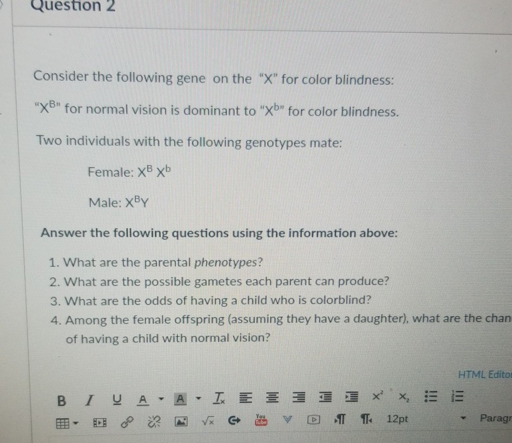 Question 2
Consider the following gene on the "X" for color blindness:
"XB" for normal vision is dominant to "Xb" for color blindness.
Two individuals with the following genotypes mate:
Female: XB Xb
Male: XBY
Answer the following questions using the information above:
1. What are the parental phenotypes?
2. What are the possible gametes each parent can produce?
3. What are the odds of having a child who is colorblind?
4. Among the female offspring (assuming they have a daughter), what are the chan
of having a child with normal vision?
BI
Y
V
I E
C
D STT T
HTML Editor
X = 13
12pt
Y
Paragr