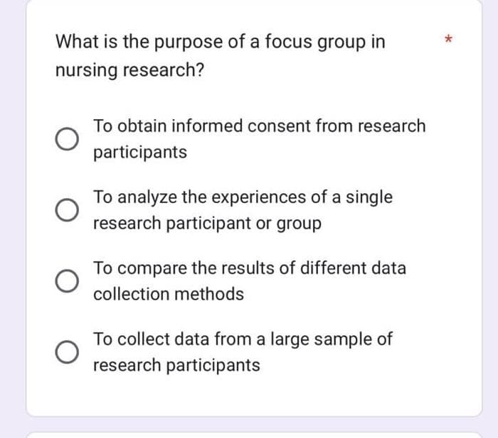 What is the purpose of a focus group in
nursing research?
To obtain informed consent from research
participants
To analyze the experiences of a single
research participant or group
To compare the results of different data
collection methods
To collect data from a large sample of
research participants
*