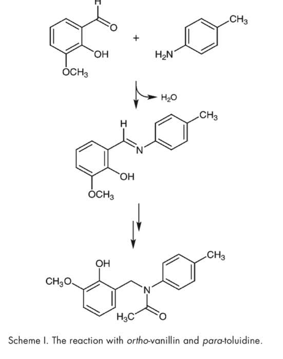 OCH3
CH3O,
І-
OH
OCH3
OH
OH
H₂N
H2O
CH3
CH3
CH3
H3C
Scheme I. The reaction with ortho-vanillin and para-toluidine.