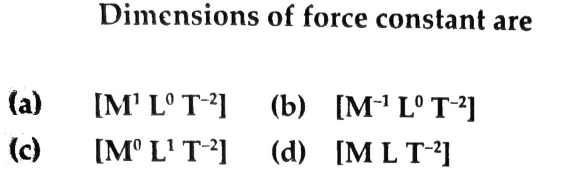 Dimensions of force constant are
(a)
[M' L° T-2]
(b) [Mª Lº T-²]
(c)
[M° L'T]
(d) [ML T]
