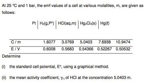 At 25 °C and 1 bar, the emf values of a cell at various molalities, m, are given as
follows:
Pt H₂(g,P°)| HCl(aq,m) | Hg₂Cl₂(s) Hg(t)
C/m
E/V
Determine
1.6077 3.0769 5.0403 7.6938 10.9474
0.6008 0.5683 0.54366 0.52267 0.50532
(i) the standard cell potential, Eº, using a graphical method.
(ii) the mean activity coefficient, y, of HCI at the concentration 5.0403 m.