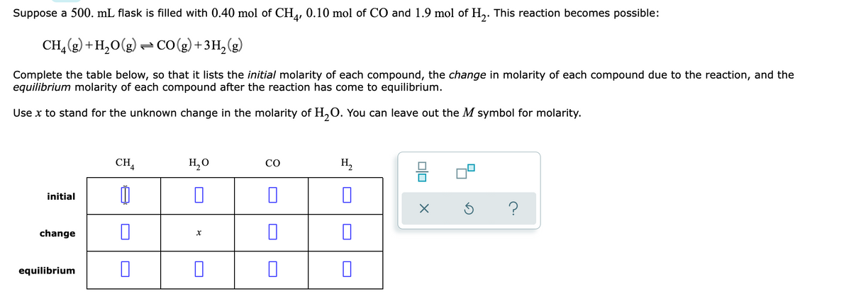 Suppose a 500. mL flask is filled with 0.40 mol of CH, 0.10 mol of CO and 1.9 mol of H,. This reaction becomes possible:
4'
CH,(g) +H2O(g)= CO(g)+3H,(g)
Complete the table below, so that it lists the initial molarity of each compound, the change in molarity of each compound due to the reaction, and the
equilibrium molarity of each compound after the reaction has come to equilibrium.
Use x to stand for the unknown change in the molarity of H,O. You can leave out the M symbol for molarity.
CHA
H,O
H,
CO
initial
change
equilibrium
