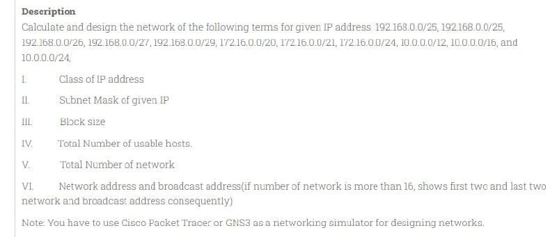 Description
Calculate and design the network of the following terms for given IP address 192.168.0.0/25, 192.168.0.0/25,
192.168.0.0/26, 192.168.0.0/27, 192.168.0.0/29, 172.16.0.0/20, 172.16.0.0/21, 172.16.0.0/24, 10.0.0.0/12, 10.0.0.0/16, and
10.0.0.0/24,
1.
II.
III
IV.
Total Number of usable hosts.
Total Number of network
VI.
Network address and broadcast address(if number of network is more than 16, shows first two and last two
network and broadcast address consequently)
Note: You have to use Cisco Packet Tracer or GNS3 as a networking simulator for designing networks.
Class of IP address
Subnet Mask of given IP
Block size
V.