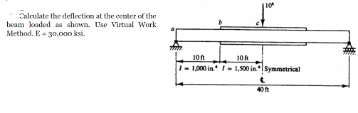 10
Calculate the deflection at the center of the
beam loaded as shown. Use Virtual Work
Method. E = 30,000 ksi.
10 ft
10 ft
|- 1,000 in. I - 1,500 in.*Symmetrical
40 ft
