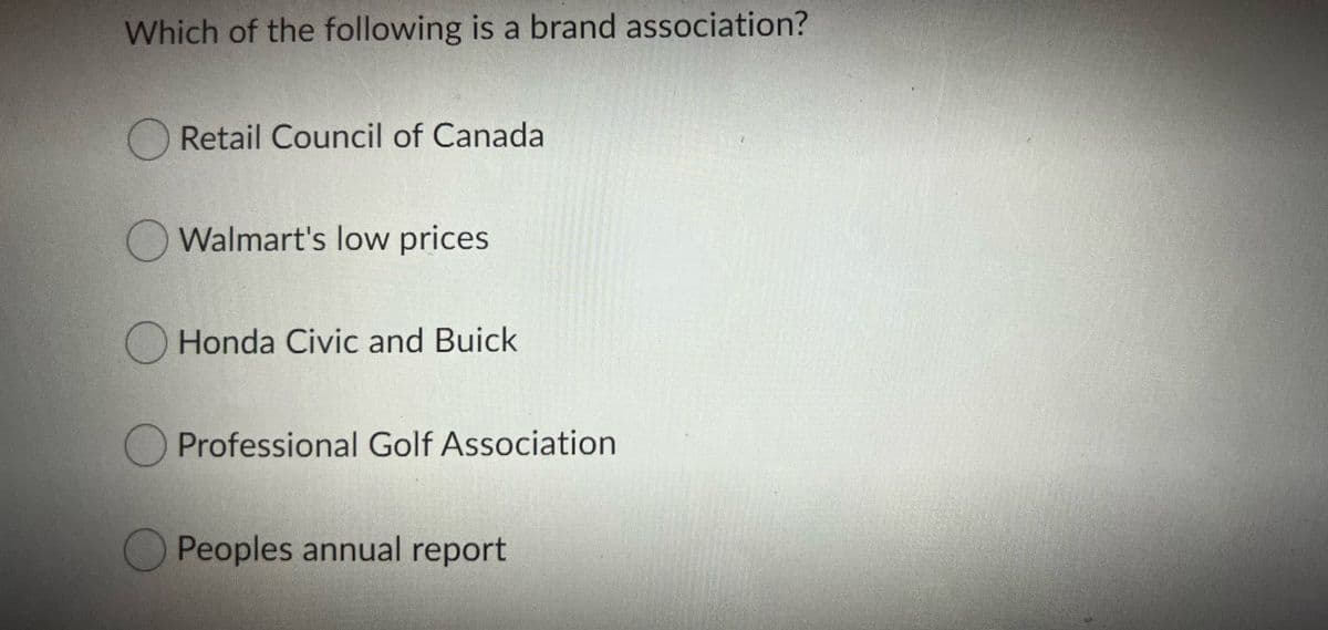Which of the following is a brand association?
Retail Council of Canada
OWalmart's low prices
O Honda Civic and Buick
Professional Golf Association
Peoples annual report
