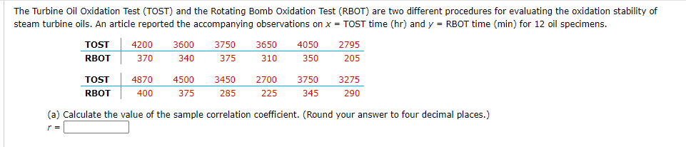 The Turbine Oil Oxidation Test (TOST) and the Rotating Bomb Oxidation Test (RBOT) are two different procedures for evaluating the oxidation stability of
steam turbine oils. An article reported the accompanying observations on x = TOST time (hr) and y = RBOT time (min) for 12 oil specimens.
TOST
4200
3600
3750
3650
4050
2795
RBOT
370
340
375
310
350
205
TOST
4870
4500
3450
2700
3750
3275
RBOT
400
375
285
225
345
290
(a) Calculate the value of the sample correlation coefficient. (Round your answer to four decimal places.)
