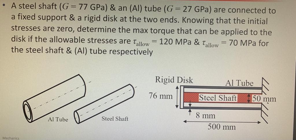 • A steel shaft (G = 77 GPa) & an (Al) tube (G= 27 GPa) are connected to
a fixed support & a rigid disk at the two ends. Knowing that the initial
stresses are zero, determine the max torque that can be applied to the
disk if the allowable stresses are Tallow
the steel shaft & (Al) tube respectively
120 MPa & Tallow
70 MPa for
%3D
Rigid Disk
Al Tube
76 mm
Steel Shaft
50 mm
8 mm
Steel Shaft
Al Tube
500 mm
Mechanics

