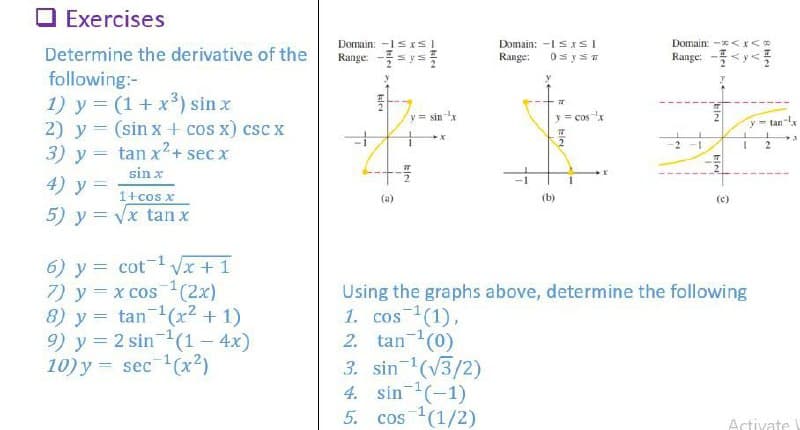 ☐ Exercises
Determine the derivative of the
following:-
1) y = (1 + x³) sin x
2) y = (sin x + cos x) csc x
tan x² + secx
3) y =
sin x
4) y =
1+cos x
5) y = √x tan x
6) y = cot¹ √√x+1
7) y = x cos ¹(2x)
8) y
tan¹(x² + 1)
9) y = 2 sin ¹(1 - 4x)
10) y = sec ¹(x²)
Domain: 1sisl
Range: -=y=
klei
(a)
y = sin ¹x
Ele
Domain: -ISxsl
Range: 0syst
3. sin ¹(√3/2)
4.
sin ¹(-1)
5.
cos ¹(1/2)
77
y = cos ¹x
(b)
hley
Domain: <<
Range: -<<
KIN
bin
(c)
Using the graphs above, determine the following
1. cos ¹(1),
2.
tan¹(0)
ytan
1 2
Activate