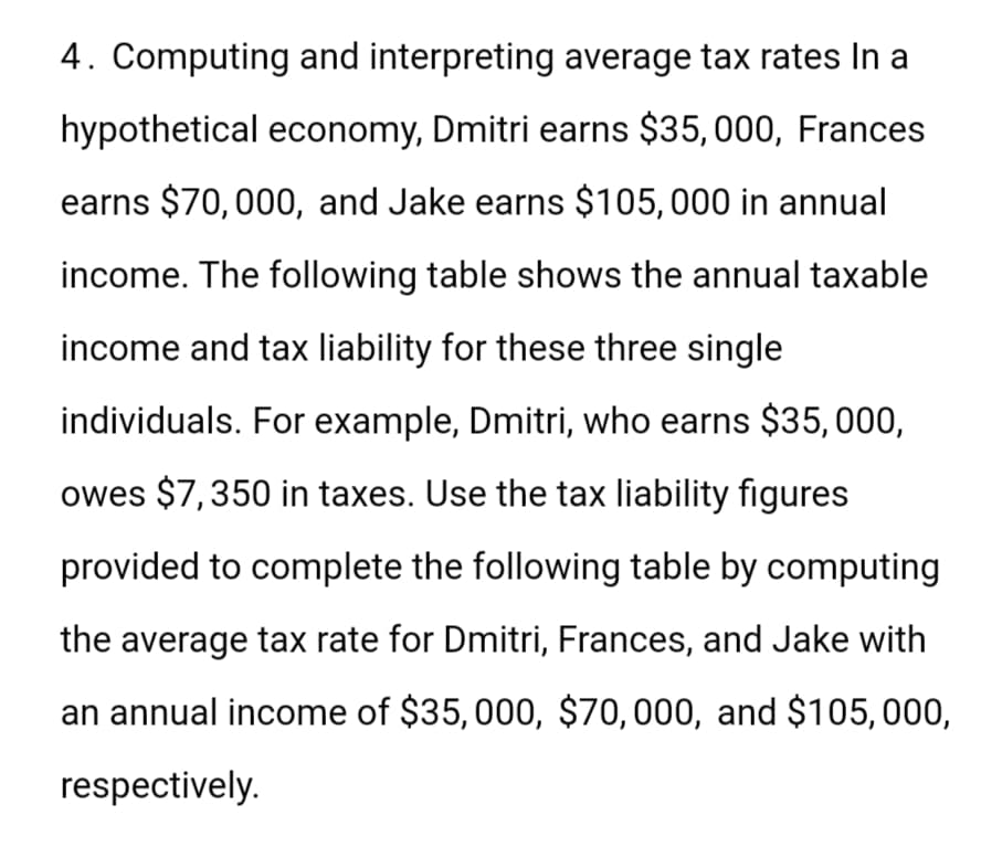 4. Computing and interpreting average tax rates In a
hypothetical economy, Dmitri earns $35,000, Frances
earns $70,000, and Jake earns $105,000 in annual
income. The following table shows the annual taxable
income and tax liability for these three single
individuals. For example, Dmitri, who earns $35,000,
owes $7,350 in taxes. Use the tax liability figures
provided to complete the following table by computing
the average tax rate for Dmitri, Frances, and Jake with
an annual income of $35,000, $70,000, and $105,000,
respectively.