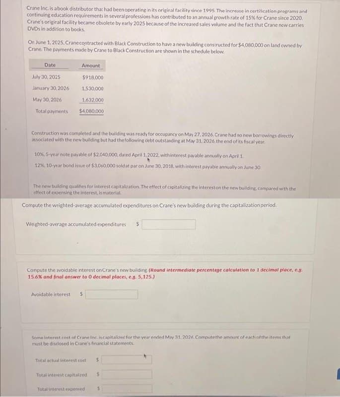 Crane Inc. is a book distributor that had been operating in its original facility since 1995 The increase in certification programs and
continuing education requirements in several professions has contributed to an annual growth rate of 15% for Crane since 2020.
Crane's original facility became obsolete by early 2025 because of the increased sales volume and the fact that Crane now carries
DVDs in addition to books.
On June 1, 2025, Crane contracted with Black Construction to have a new building constructed for $4,080,000 on land owned by
Crane. The payments made by Crane to Black Construction are shown in the schedule below.
Date
July 30, 2025
January 30, 2026
May 30, 2026
Total payments
Amount
$918,000
1.530,000
1.632,000
$4.080.000
Construction was completed and the building was ready for occupancy on May 27, 2026. Crane had no new borrowings directly
associated with the new building but had the following debt outstanding at May 31, 2026, the end of its fiscal year.
10%, 5-year note payable of $2.040,000, dated April 1, 2022, with interest payable annually on April 1.
12%, 10-year bond issue of $3,060,000 sold at par on June 30, 2018, with interest payable annually on June 30.
The new building qualifies for interest capitalization. The effect of capitalizing the interest on the new building, compared with the
effect of expensing the interest, is material.
Compute the weighted average accumulated expenditures on Crane's new building during the capitalization period
Weighted-average accumulated expenditures $
Compute the avoidable interest on Crane's new building (Round intermediate percentage calculation to 1 decimal place, e.g.
15.6% and final answer to 0 decimal places, e.g. 5,125.)
Avoidable interest S
Some interest cost of Crane Inc. is capitalized for the year ended May 31, 2026. Compute the amount of each of the items that
must be disclosed in Crane's financial statements.
Total actual interest cost $
Total interest capitalized $
Total interest expensed