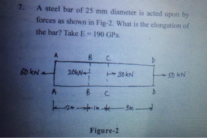 7. A steel bar of 25 mm diameter is acted upon by
forces as shown in Fig-2. What is the elongation of
the bar? Take E - 190 GPa.
60 kN4
A
A
ا
20KN
B C
30 kN
B C
-2m-1m 3m
2*
Figure-2
D
D
50 KN