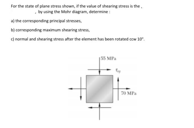 For the state of plane stress shown, if the value of shearing stress is the,
, by using the Mohr diagram, determine :
a) the corresponding principal stresses,
b) corresponding maximum shearing stress,
c) normal and shearing stress after the element has been rotated ccw 10°.
|55 MPa
70 MPa
