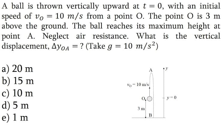 A ball is thrown vertically upward at t = 0, with an initial
speed of vo = 10 m/s from a point O. The point O is 3 m
above the ground. The ball reaches its maximum height at
point A. Neglect air resistance. What is the vertical
displacement, AyoA = ? (Take g = 10 m/s²)
a) 20 m
b) 15 m
c) 10 m
d) 5 m
e) 1 m
A
Vo = 10 m/s
3 m
В
