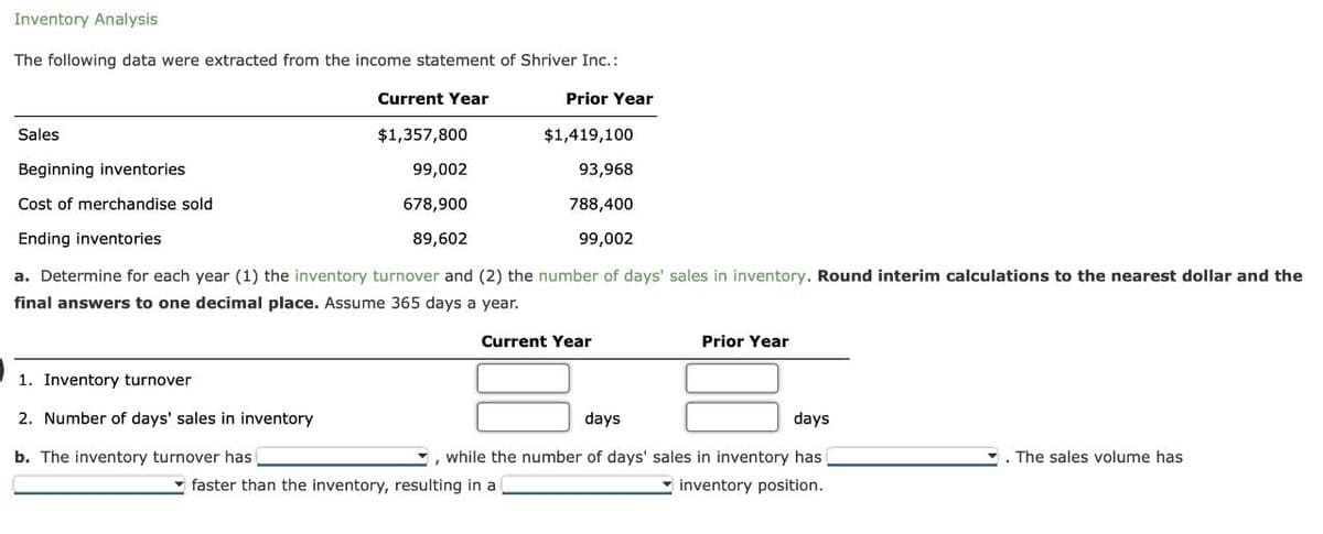 Inventory Analysis
The following data were extracted from the income statement of Shriver Inc.:
Prior Year
Sales
$1,419,100
93,968
788,400
99,002
a. Determine for each year (1) the inventory turnover and (2) the number of days' sales in inventory. Round interim calculations to the nearest dollar and the
final answers to one decimal place. Assume 365 days a year.
Current Year
Beginning inventories
Cost of merchandise sold
Ending inventories
Current Year
1. Inventory turnover
2. Number of days' sales in inventory
b. The inventory turnover has
$1,357,800
99,002
678,900
89,602
Prior Year
days
days
, while the number of days' sales in inventory has
inventory position.
faster than the inventory, resulting in a
. The sales volume has