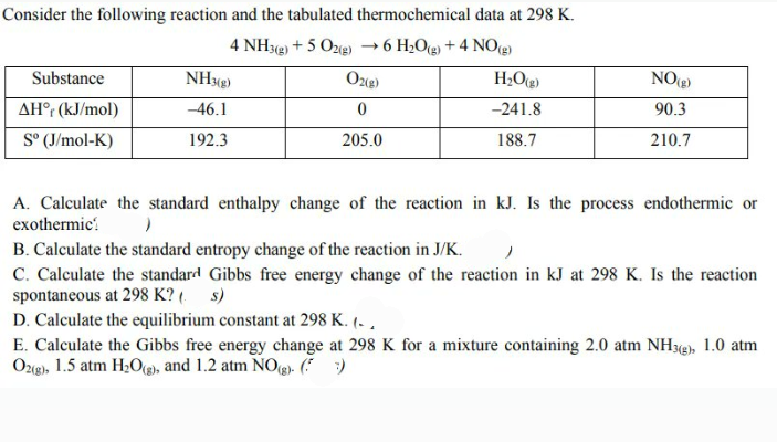 Consider the following reaction and the tabulated thermochemical data at 298 K.
4 NH3(g) + 5 Ozg) → 6 H2Og) + 4 NO(g)
Substance
NH3g)
Oze)
NOE)
AH°r (kJ/mol)
S° (J/mol-K)
-46.1
-241.8
90.3
192.3
205.0
188.7
210.7
A. Calculate the standard enthalpy change of the reaction in kJ. Is the process endothermic or
exothermic.
B. Calculate the standard entropy change of the reaction in J/K.
C. Calculate the standard Gibbs free energy change of the reaction in kJ at 298 K. Is the reaction
spontaneous at 298 K? ( s)
D. Calculate the equilibrium constant at 298 K. (. ,
E. Calculate the Gibbs free energy change at 298 K for a mixture containing 2.0 atm NH3e), 1.0 atm
Oze), 1.5 atm H;O@), and 1.2 atm NOg). ( )
