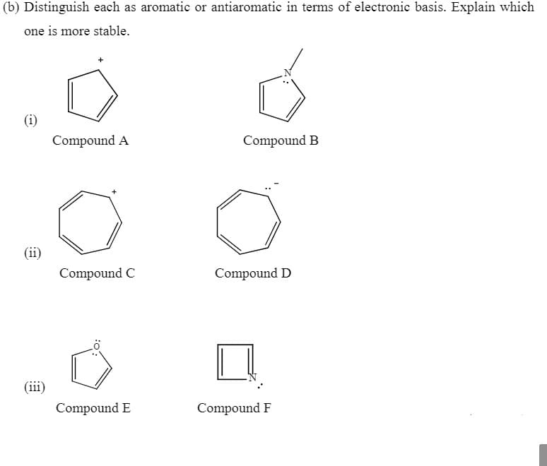 (b) Distinguish each as aromatic or antiaromatic in terms of electronic basis. Explain which
one is more stable.
(i)
Compound A
Compound B
(ii)
Compound C
Compound D
(iii)
Compound E
Compound F
