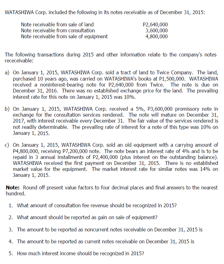 WATASHIWA Corp. included the following in its notes receivable as of December 31, 2015:
Note receivable from sale of land
Note receivable from consultation
P2,640,000
3,600,000
4,800,000
Note receivable from sale of equipment
The following transactions during 2015 and other information relate to the company's notes
receceivable:
a) On January 1, 2015, WATASHIWA Corp. sold a tract of land to Twice Company. The land,
purchased 10 years ago, was carried on WATASHIWA's books at P1,500,000. WATASHIWA
received a noninterest-bearing note for P2,640,000 from Twice. The note is due on
December 31, 2016. There was no established exchange price for the land. The prevailing
interest rate for this note on January 1, 2015 was 10%.
b) On January 1, 2015, WATASHIWA Corp. received a 5%, P3,600,000 promissory note in
exchange for the consultation services rendered. The note will mature on December 31,
2017, with interest receivable every December 31. The fair value of the services rendered is
not readily determinable. The prevailing rate of interest for a note of this type was 10% on
January 1, 2015.
c) On January 1, 2015, WATASHIWA Corp. sold an old equipment with a carrying amount of
P4,800,000, receiving P7,200,000 note. The note bears an interest rate of 4% and is to be
repaid in 3 annual installments of P2,400,000 (plus interest on the outstanding balance).
WATASHIWA received the first payment on December 31, 2015. There is no established
market value for the equipment. The market interest rate for similar notes was 14% on
January 1, 2015.
Note: Round off present value factors to four decimal places and final answers to the nearest
hundred.
1. What amount of consultation fee revenue should be recognized in 2015?
2. What amount should be reported as gain on sale of equipment?
3. The amount to be reported as noncurrent notes receivable on December 31, 2015 is
4. The amount to be reported as current notes receivable on December 31, 2015 is
5. How much interest income should be recognized in 2015?
