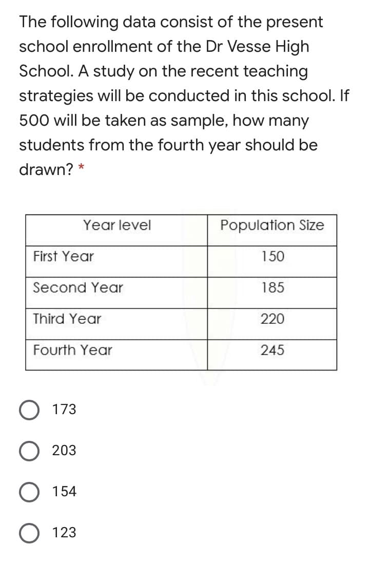 The following data consist of the present
school enrollment of the Dr Vesse High
School. A study on the recent teaching
strategies will be conducted in this school. If
500 will be taken as sample, how many
students from the fourth year should be
drawn?
Year level
Population Size
First Year
150
Second Year
185
Third Year
220
Fourth Year
245
O 173
203
154
O 123
