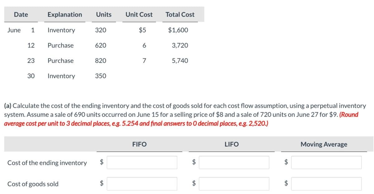 Date
Explanation Units
Unit Cost
Total Cost
June 1
Inventory
320
$5
$1,600
12
Purchase
620
6
3,720
23
23
Purchase
820
7
5,740
30
Inventory
350
(a) Calculate the cost of the ending inventory and the cost of goods sold for each cost flow assumption, using a perpetual inventory
system. Assume a sale of 690 units occurred on June 15 for a selling price of $8 and a sale of 720 units on June 27 for $9. (Round
average cost per unit to 3 decimal places, e.g. 5.254 and final answers to O decimal places, e.g. 2,520.)
FIFO
Cost of the ending inventory
$
Cost of goods sold
$
+A
$
LIFO
$
Moving Average