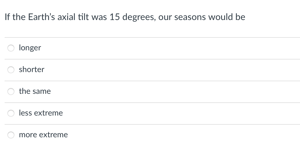 If the Earth's axial tilt was 15 degrees, our seasons would be
longer
shorter
the same
less extreme
more extreme