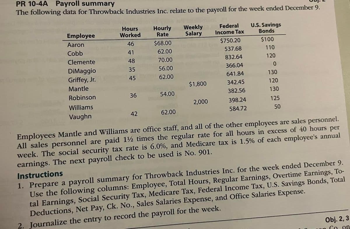 PR 10-4A Payroll summary
The following data for Throwback Industries Inc. relate to the payroll for the week ended December 9.
Employee
Aaron
Cobb
Clemente
DiMaggio
Griffey, Jr.
Mantle
Robinson
Williams
Vaughn
Hours
Worked
46
41
48
35
45
36
42
Hourly
Rate
$68.00
62.00
70.00
56.00
62.00
54.00
62.00
Weekly
Salary
$1,800
2,000
Federal
Income Tax
$750.20
537.68
832.64
366.04
641.84
342.45
382.56
398.24
584.72
U.S.Savings
Bonds
$100
110
120
0
130
120
130
125
50
Employees Mantle and Williams are office staff, and all of the other employees are sales personnel.
All sales personnel are paid 1½ times the regular rate for all hours in excess of 40 hours per
week. The social security tax rate is 6.0%, and Medicare tax is 1.5% of each employee's annual
earnings. The next payroll check to be used is No. 901.
Instructions
1. Prepare a payroll summary for Throwback Industries Inc. for the week ended December 9.
Use the following columns: Employee, Total Hours, Regular Earnings, Overtime Earnings, To-
tal Earnings, Social Security Tax, Medicare Tax, Federal Income Tax, U.S. Savings Bonds, Total
Deductions, Net Pay, Ck. No., Sales Salaries Expense, and Office Salaries Expense.
2. Journalize the entry to record the payroll for the week.
Obj. 2, 3
Co on