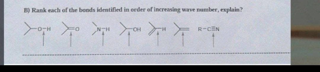 B) Rank each of the bonds identified in order of increasing wave number, explain?
CH
you to
You X" T
-H
R-CEN