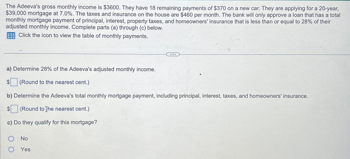 The Adeeva's gross monthly income is $3600. They have 18 remaining payments of $370 on a new car. They are applying for a 20-year,
$39,000 mortgage at 7.0%. The taxes and insurance on the house are $460 per month. The bank will only approve a loan that has a total
monthly mortgage payment of principal, interest, property taxes, and homeowners' insurance that is less than or equal to 28% of their
adjusted monthly income. Complete parts (a) through (c) below.
Click the icon to view the table of monthly payments.
...
a) Determine 28% of the Adeeva's adjusted monthly income.
(Round to the nearest cent.)
b) Determine the Adeeva's total monthly mortgage payment, including principal, interest, taxes, and homeowners' insurance.
$ (Round to the nearest cent.)
c) Do they qualify for this mortgage?.
O No
O Yes
